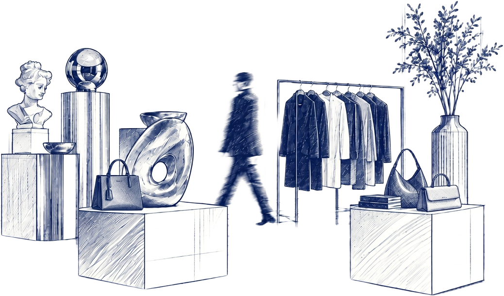 Editorial sketch of a luxury retail interior, illustrating the pricing case study