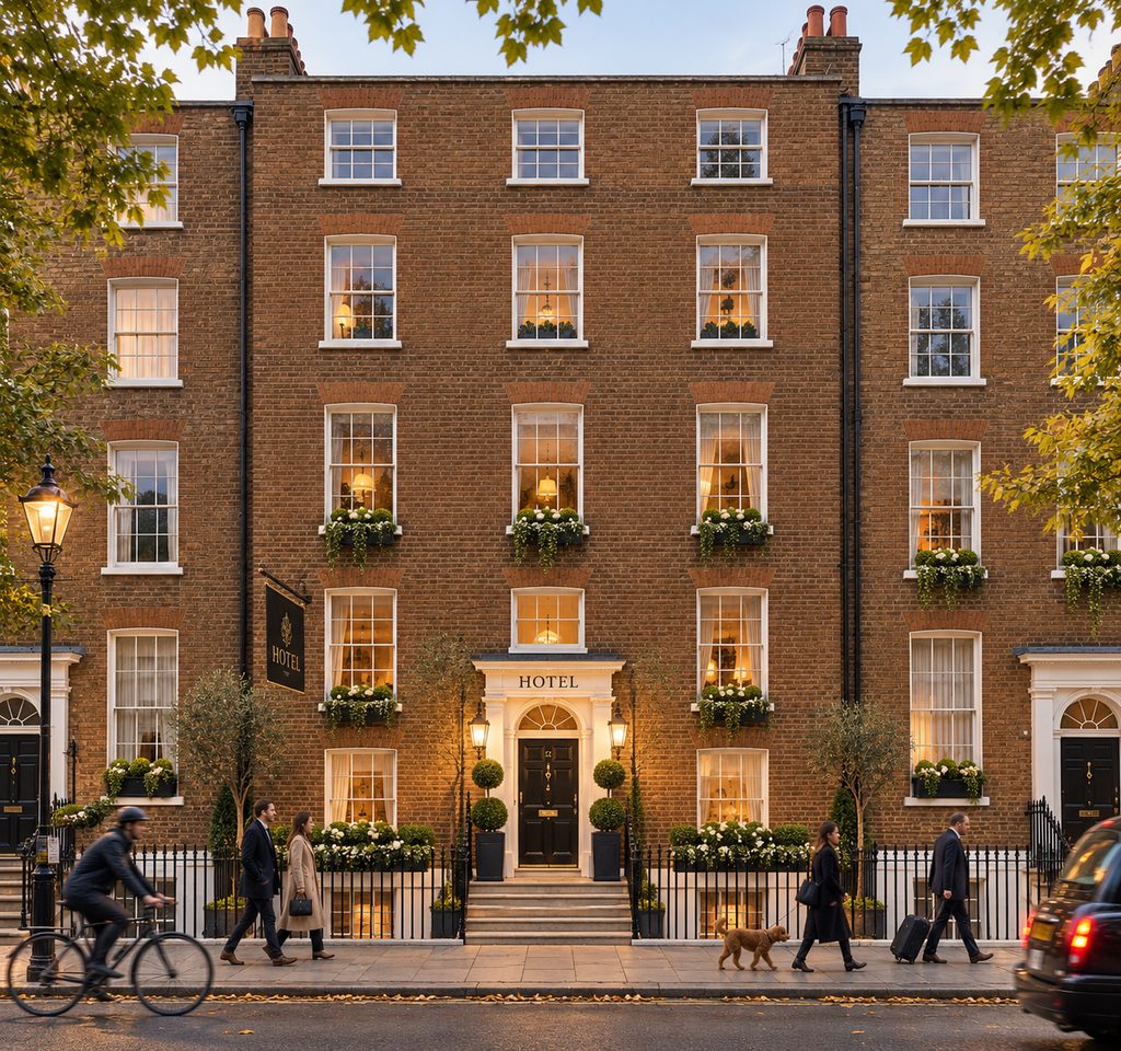 Illustrative Bloomsbury brick terrace hotel with five storeys, a basement and timber sash windows