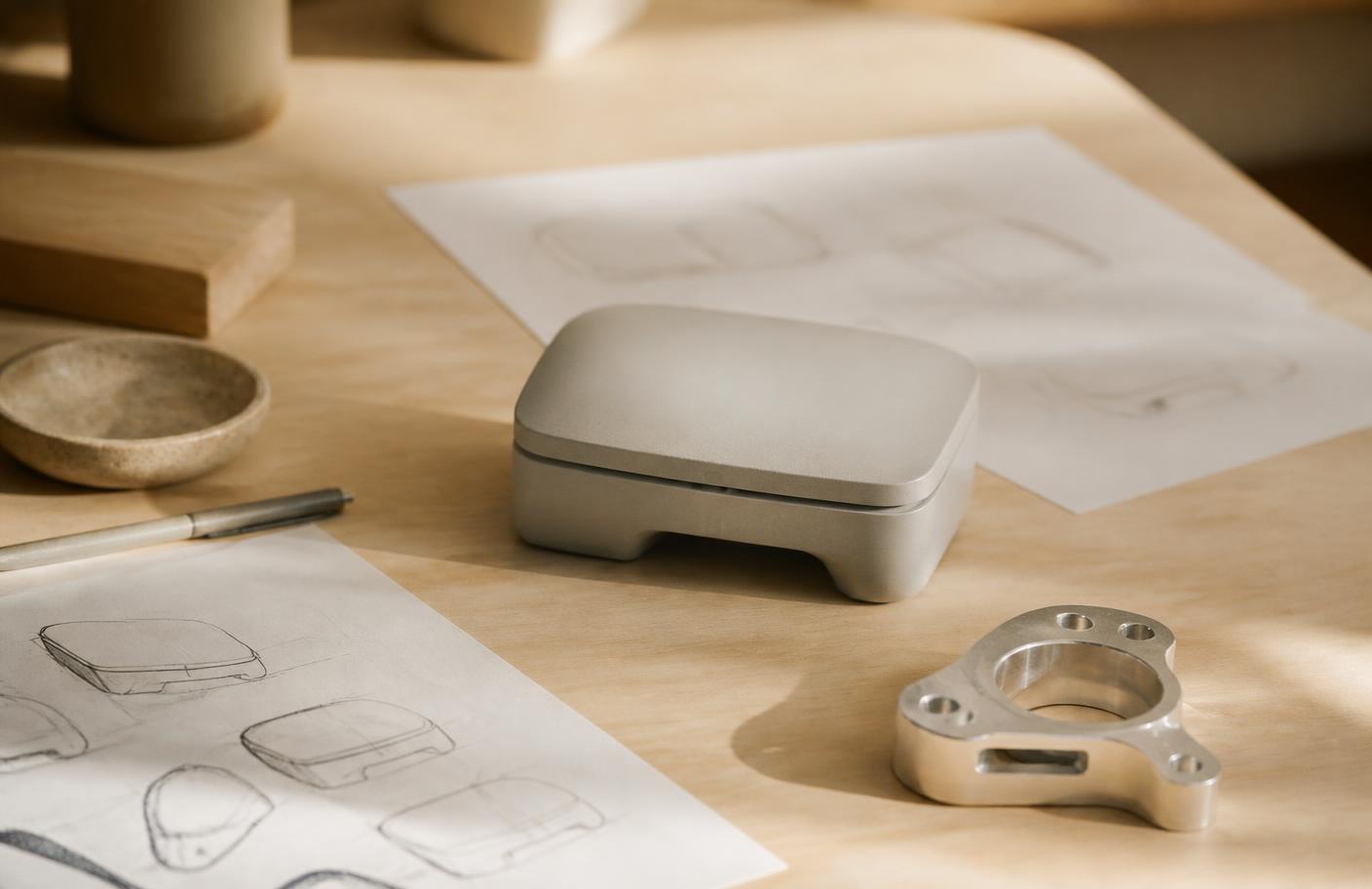 A digital product interface photographed on a desk