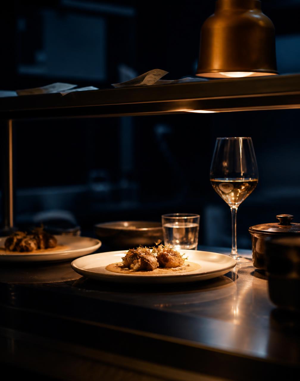 A restaurant dining room in warm evening light