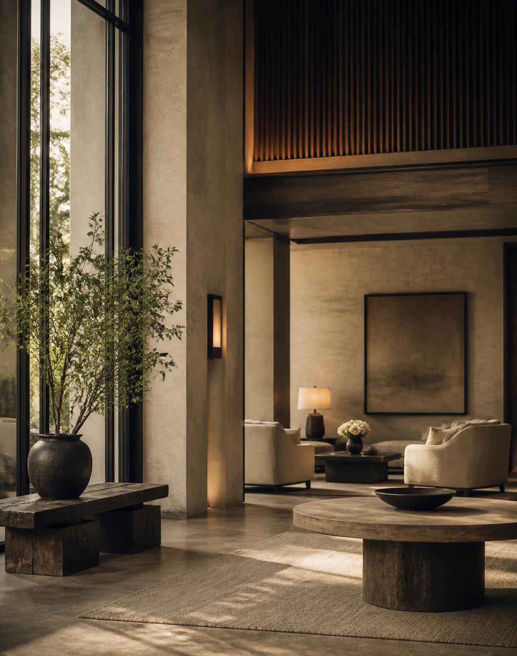 A hotel interior in evening light